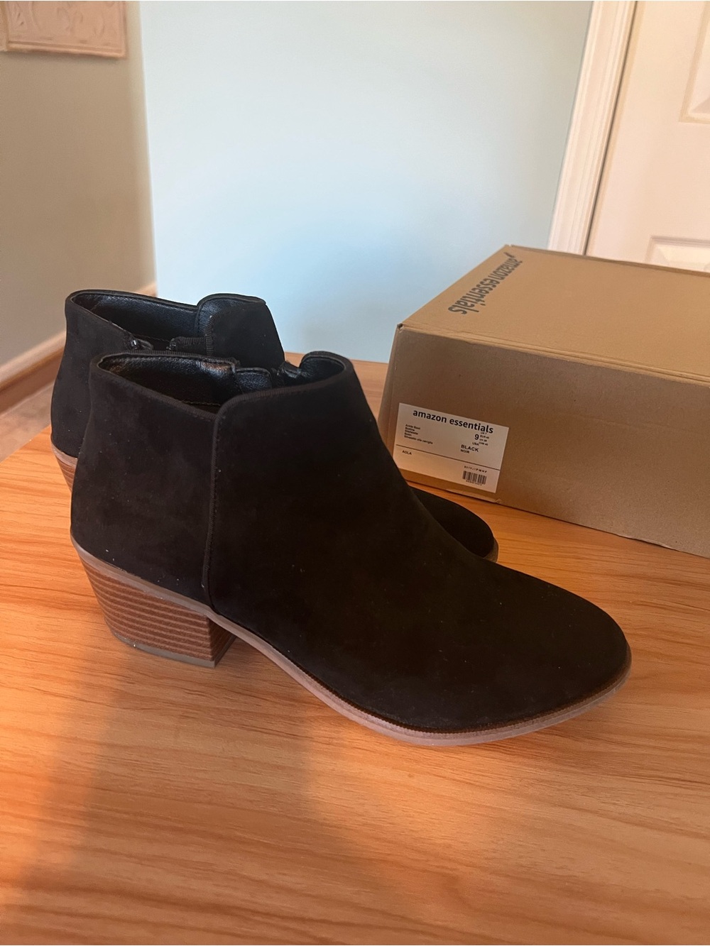 Amazon Essentials Black Suede Ankle Booties with Stacked Heel